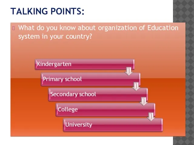 TALKING POINTS: What do you know about organization of Education system in your country?