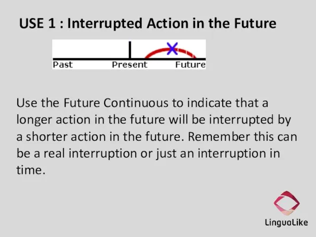 USE 1 : Interrupted Action in the Future Use the Future Continuous