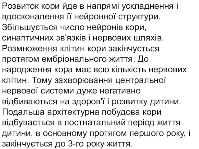 Розвиток кори йде в напрямі ускладнення і вдосконалення її нейронної структури. Збільшується