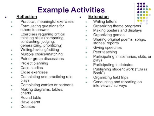 Example Activities Reflection Practical, meaningful exercises Formulating questions for others to answer