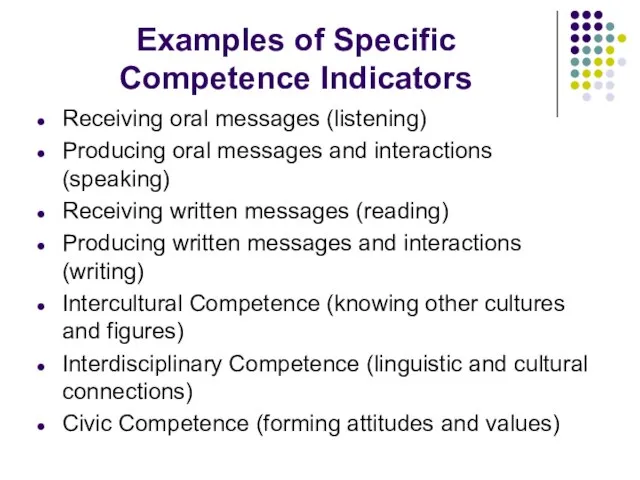 Examples of Specific Competence Indicators Receiving oral messages (listening) Producing oral messages