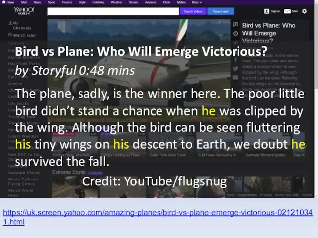 https://uk.screen.yahoo.com/amazing-planes/bird-vs-plane-emerge-victorious-021210341.html Bird vs Plane: Who Will Emerge Victorious? by Storyful 0:48 mins