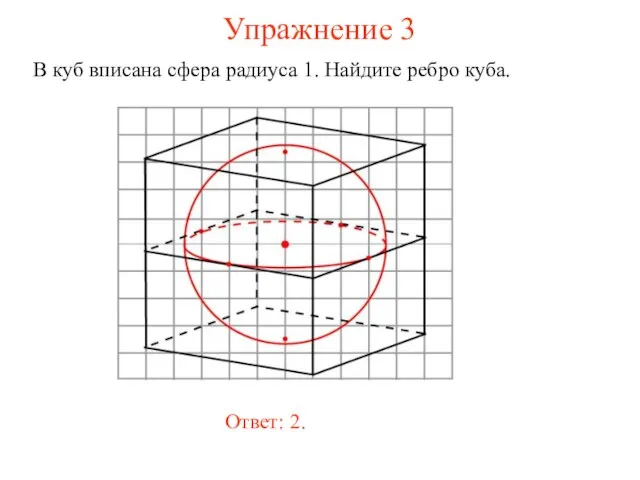 Упражнение 3 В куб вписана сфера радиуса 1. Найдите ребро куба. Ответ: 2.