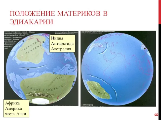 ПОЛОЖЕНИЕ МАТЕРИКОВ В ЭДИАКАРИИ Индия Антарктида Австралия Африка Америка часть Азии