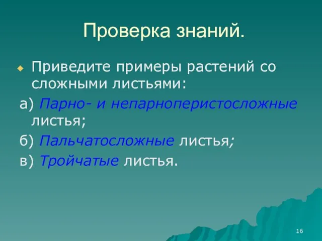 Проверка знаний. Приведите примеры растений со сложными листьями: а) Парно- и непарноперистосложные