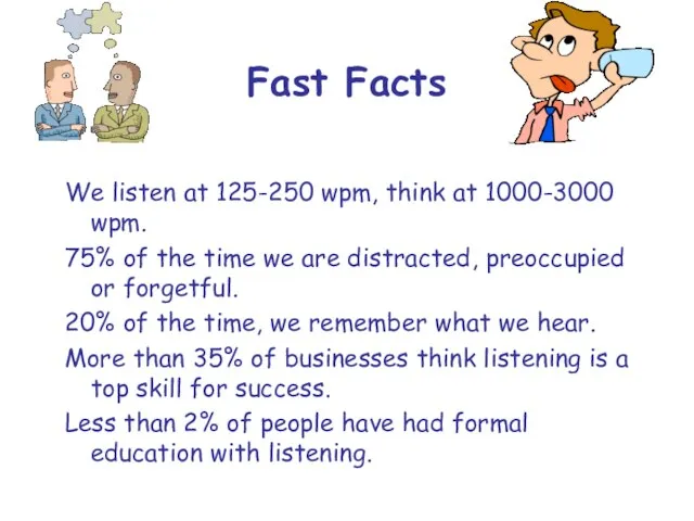 Fast Facts We listen at 125-250 wpm, think at 1000-3000 wpm. 75%