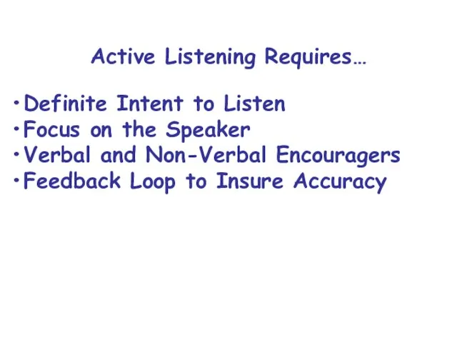 Active Listening Requires… Definite Intent to Listen Focus on the Speaker Verbal
