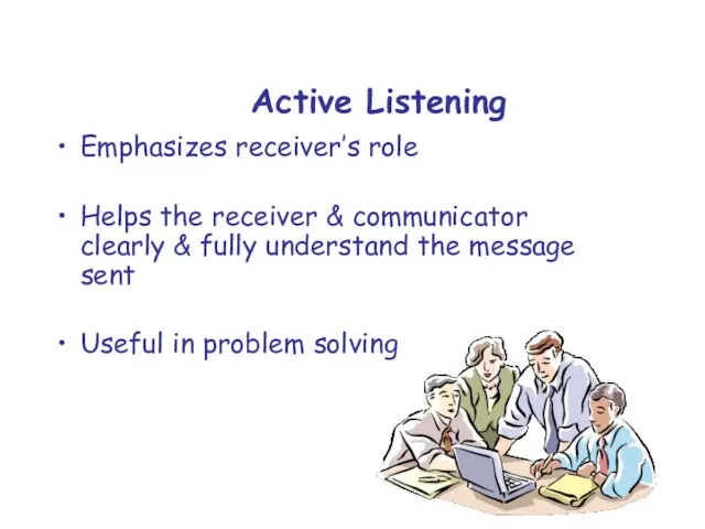Active Listening Emphasizes receiver’s role Helps the receiver & communicator clearly &