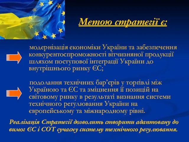 Метою стратегії є: модернізація економіки України та забезпечення конкурентоспроможності вітчизняної продукції шляхом