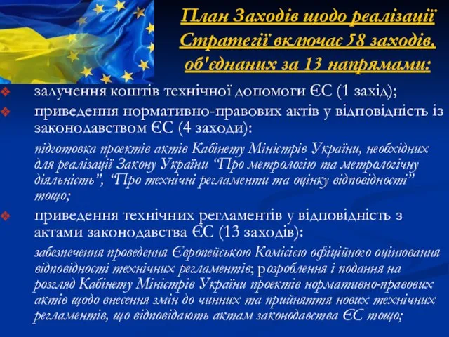 План Заходів щодо реалізації Стратегії включає 58 заходів, об'єднаних за 13 напрямами: