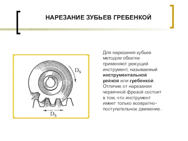 НАРЕЗАНИЕ ЗУБЬЕВ ГРЕБЕНКОЙ Для нарезания зубьев методом обкатки применяют режущий инструмент, называемый