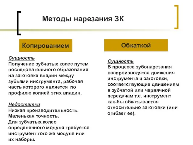 Сущность Получение зубчатых колес путем последовательного образования на заготовке впадин между зубьями