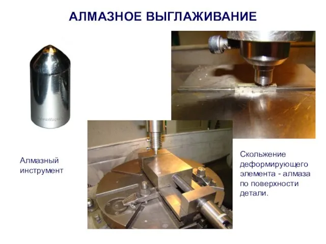 АЛМАЗНОЕ ВЫГЛАЖИВАНИЕ Скольжение деформирующего элемента - алмаза по поверхности детали. Алмазный инструмент