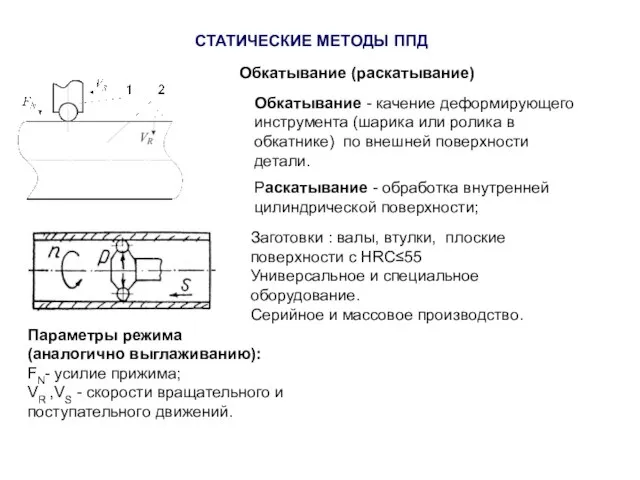 СТАТИЧЕСКИЕ МЕТОДЫ ППД Обкатывание (раскатывание) Обкатывание - качение деформирующего инструмента (шарика или