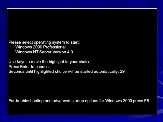 Please select operating system to start: Windows 2000 Professional Windows NT Server