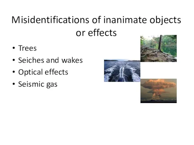 Misidentifications of inanimate objects or effects Trees Seiches and wakes Optical effects Seismic gas