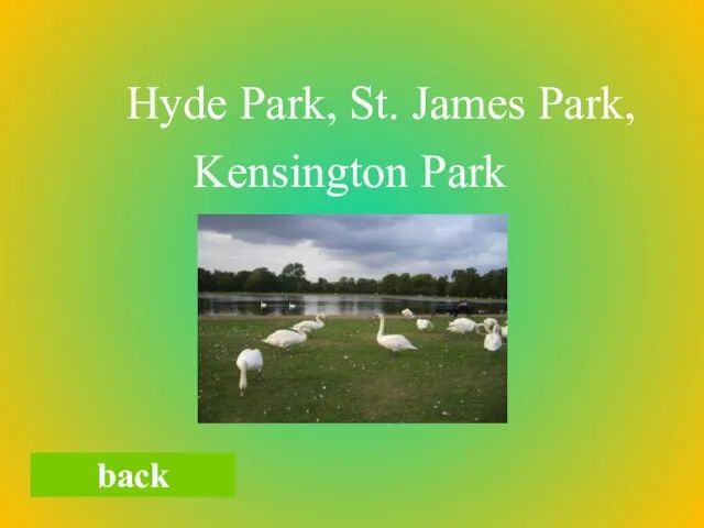 Hyde Park, St. James Park, Kensington Park back