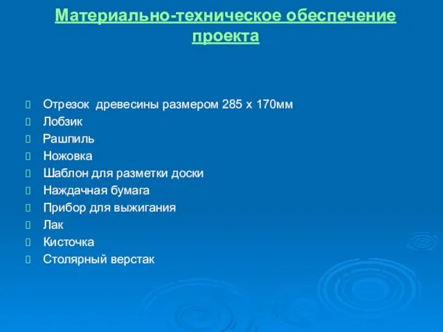 Материально-техническое обеспечение проекта Отрезок древесины размером 285 х 170мм Лобзик Рашпиль Ножовка