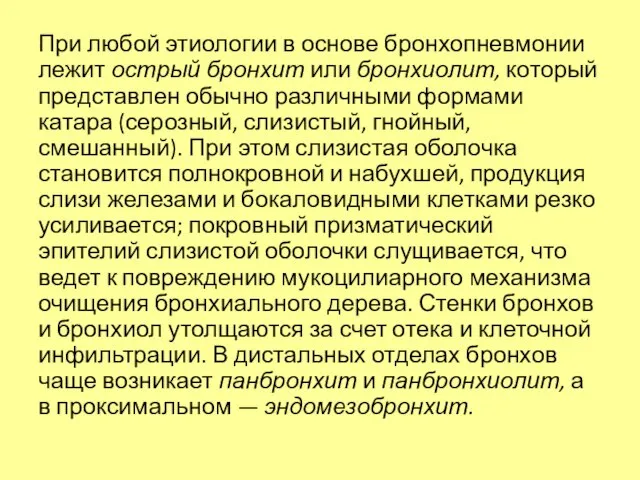 При любой этиологии в основе бронхопневмонии лежит острый бронхит или бронхиолит, который