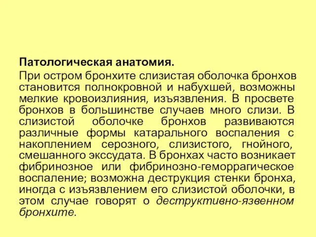 Патологическая анатомия. При остром бронхите слизистая оболочка бронхов становится полнокровной и набухшей,