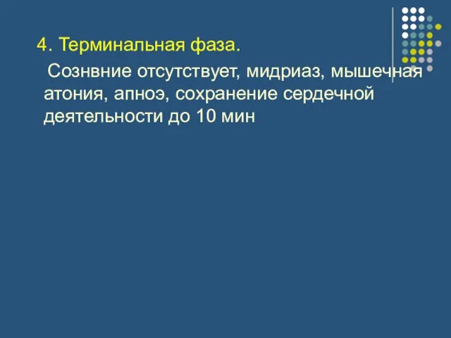 4. Терминальная фаза. Сознвние отсутствует, мидриаз, мышечная атония, апноэ, сохранение сердечной деятельности до 10 мин