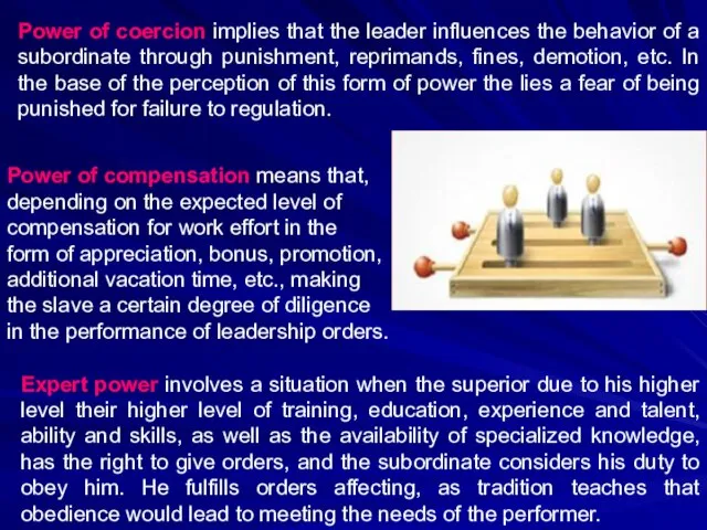 Power of coercion implies that the leader influences the behavior of a
