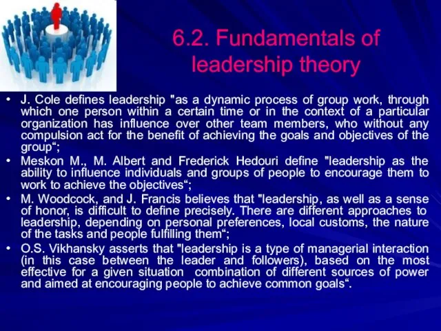 6.2. Fundamentals of leadership theory J. Cole defines leadership "as a dynamic