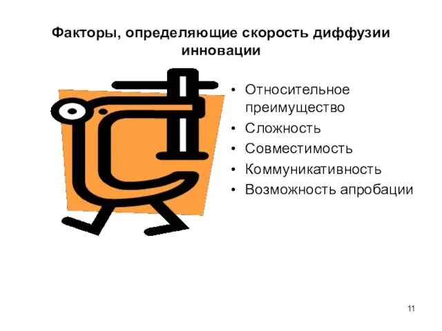 Факторы, определяющие скорость диффузии инновации Относительное преимущество Сложность Совместимость Коммуникативность Возможность апробации