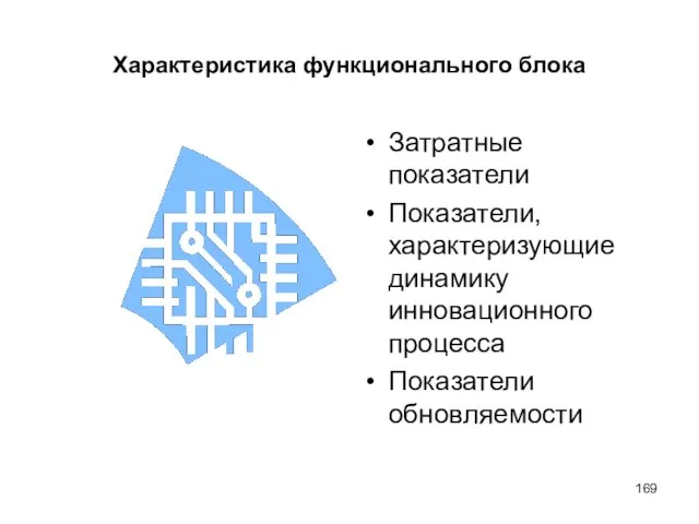 Характеристика функционального блока Затратные показатели Показатели, характеризующие динамику инновационного процесса Показатели обновляемости