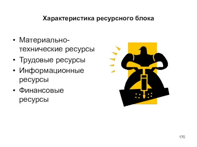 Характеристика ресурсного блока Материально-технические ресурсы Трудовые ресурсы Информационные ресурсы Финансовые ресурсы