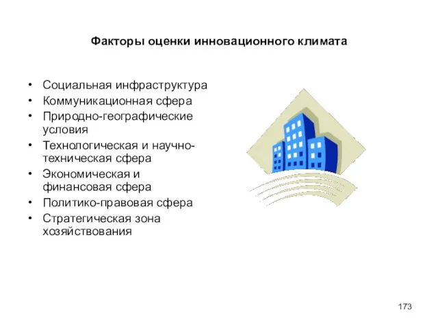 Факторы оценки инновационного климата Социальная инфраструктура Коммуникационная сфера Природно-географические условия Технологическая и