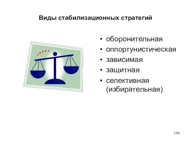 Виды стабилизационных стратегий оборонительная оппортунистическая зависимая защитная селективная (избирательная)