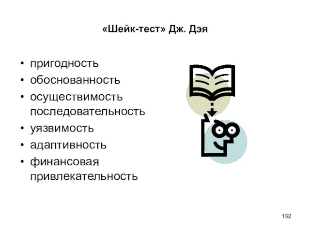 «Шейк-тест» Дж. Дэя пригодность обоснованность осуществимость последовательность уязвимость адаптивность финансовая привлекательность