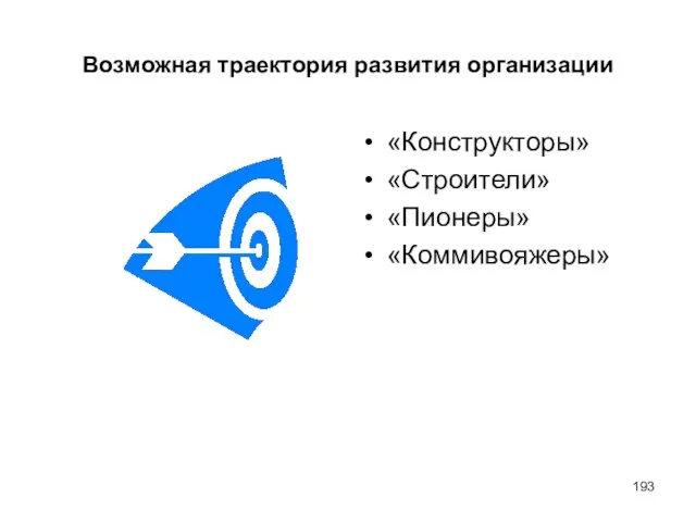 Возможная траектория развития организации «Конструкторы» «Строители» «Пионеры» «Коммивояжеры»