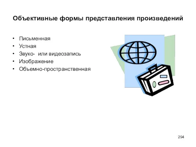 Объективные формы представления произведений Письменная Устная Звуко- или видеозапись Изображение Объемно-пространственная