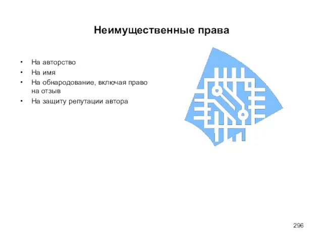 Неимущественные права На авторство На имя На обнародование, включая право на отзыв На защиту репутации автора