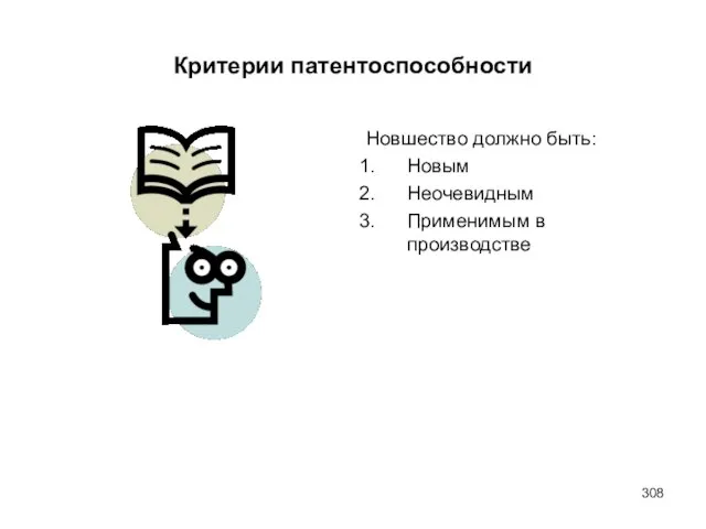 Критерии патентоспособности Новшество должно быть: Новым Неочевидным Применимым в производстве