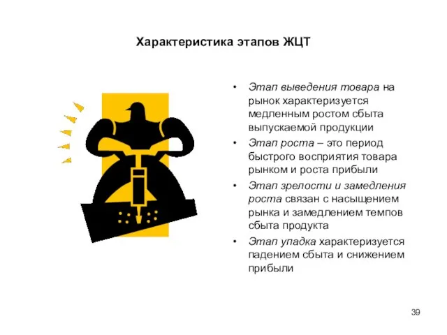 Характеристика этапов ЖЦТ Этап выведения товара на рынок характеризуется медленным ростом сбыта