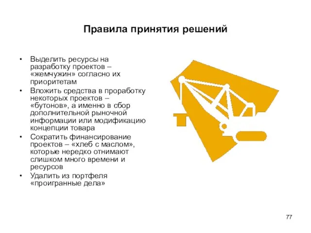 Правила принятия решений Выделить ресурсы на разработку проектов – «жемчужин» согласно их