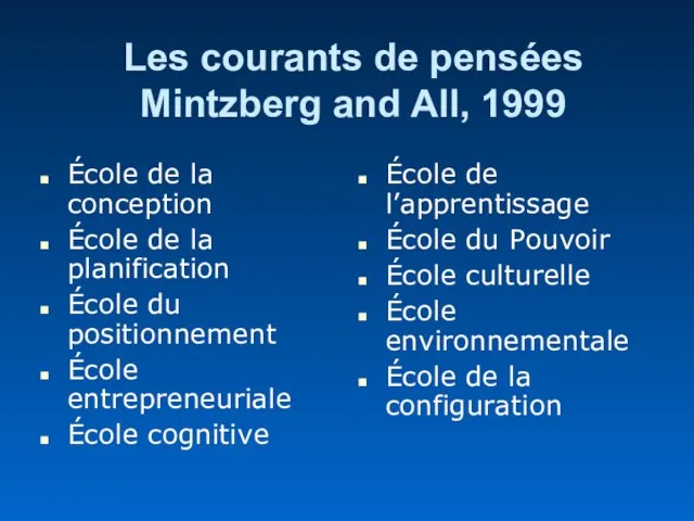 Les courants de pensées Mintzberg and All, 1999 École de la conception