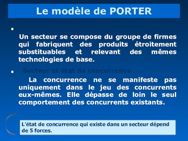 Le modèle de PORTER Définition d’un secteur : Un secteur se compose