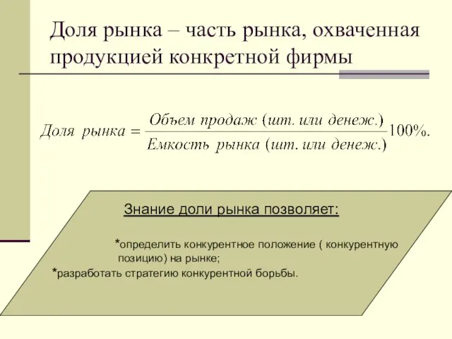 Доля рынка – часть рынка, охваченная продукцией конкретной фирмы Знание доли рынка