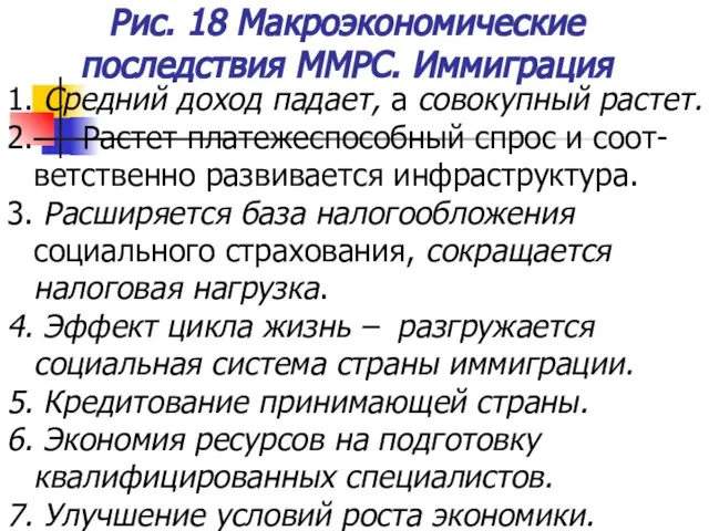 Рис. 18 Макроэкономические последствия ММРС. Иммиграция 1. Средний доход падает, а совокупный