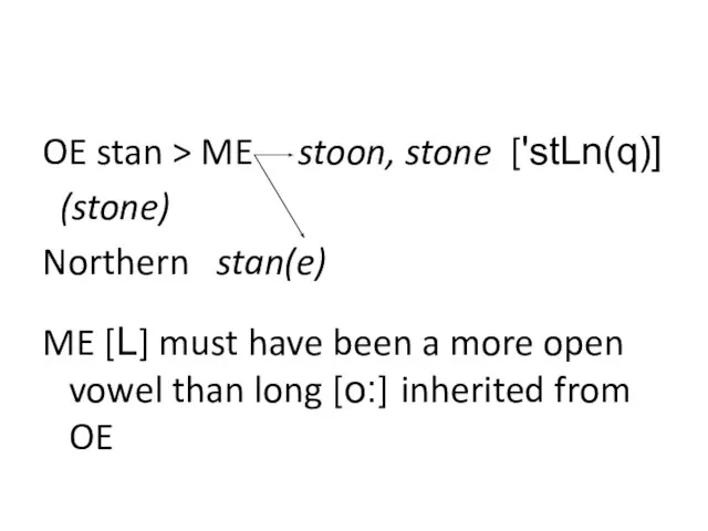 OE stan > ME stoon, stone ['stLn(q)] (stone) Northern stan(e) ME [L]