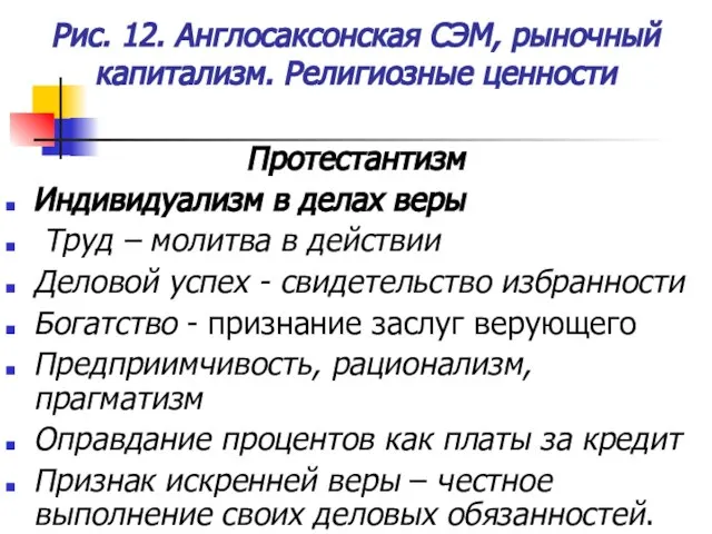 Рис. 12. Англосаксонская СЭМ, рыночный капитализм. Религиозные ценности Протестантизм Индивидуализм в делах