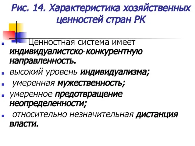 Рис. 14. Характеристика хозяйственных ценностей стран РК Ценностная система имеет индивидуалистско-конкурентную направленность.