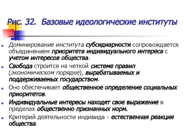 Рис. 32. Базовые идеологические институты Доминирование института субсидиарности сопровождается объединением приоритета индивидуального