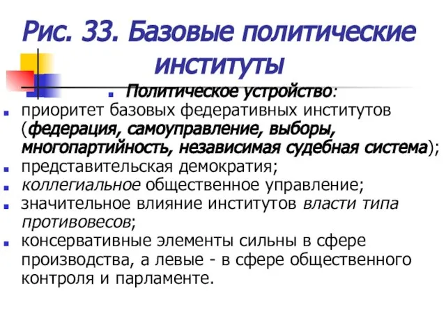 Рис. 33. Базовые политические институты Политическое устройство: приоритет базовых федеративных институтов (федерация,