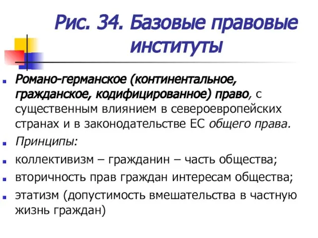 Рис. 34. Базовые правовые институты Романо-германское (континентальное, гражданское, кодифицированное) право, с существенным