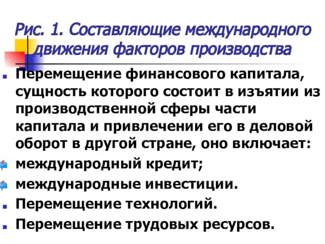 Рис. 1. Составляющие международного движения факторов производства Перемещение финансового капитала, сущность которого